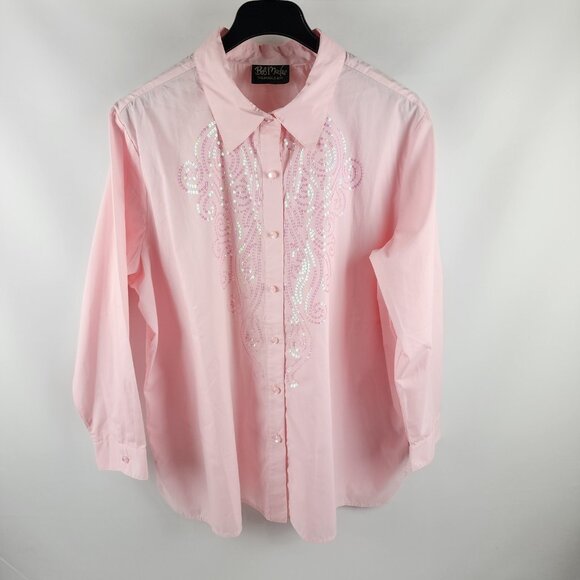 Bob Mackie Wearable Art Shirt Womens 2X Pink Bling Sequin L/S Button Up - Picture 1 of 7